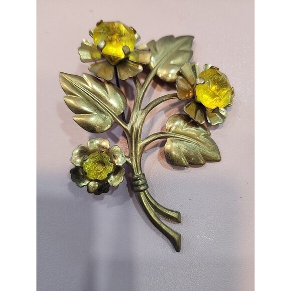 Vtg Unmarked Yellow Glass Stones Flower Gold Tone Large Pin Brooch E04